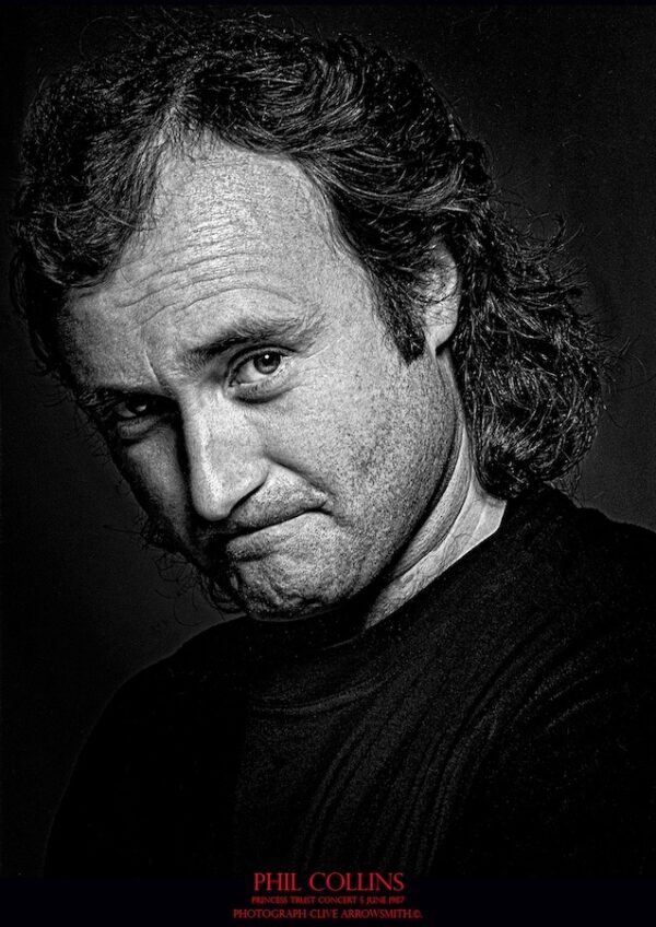 portrait of Phil Collins at the Princess Trust concert on June 5, 1987 fine art photography by photographer Clive Arrowsmith