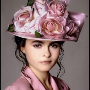 portrait de l'actrice Helena Bonham Carter avec un chapeau de roses photographie d'art du photographe Clive Arrowsmith