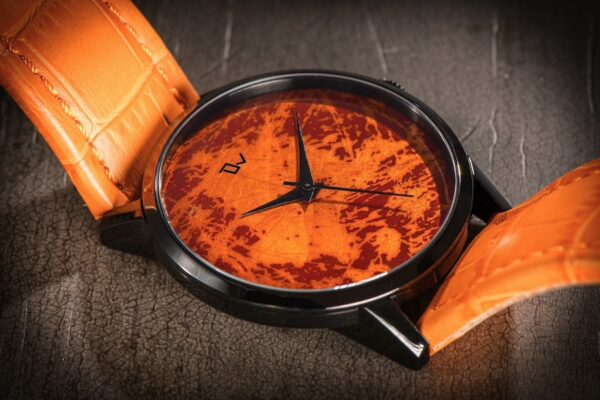 Grand feu enamel watch De Villers fine crafts watch collection mechanical movement automatic winding orange leather stra